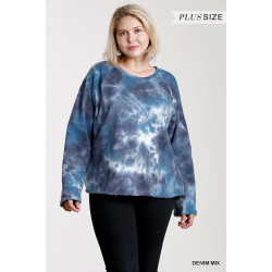 French Terry Tie-dye Raglan Long Sleeve Top With Raw Hem