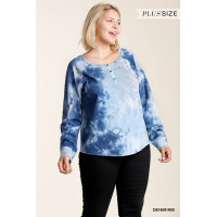 Tie-dye Button Front Long Raglan Sleeve Top With Raw Hem