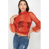 Lace Trim Balloon Sleeve Smocked Top