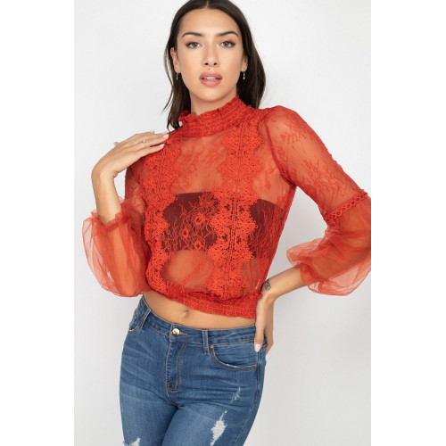 Lace Trim Balloon Sleeve Smocked Top