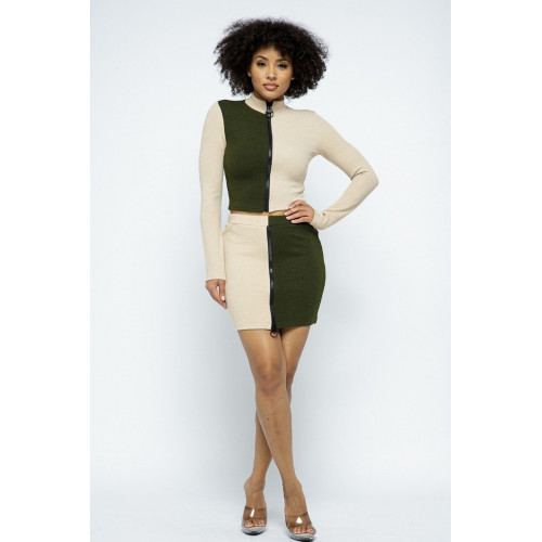 Rib Color Block Mock Neck Long Sleeve High-waist Mini Skirt With Front Zipper Set