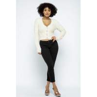 Eyelash Knit Cropped Cardigan With Pearl Button Details