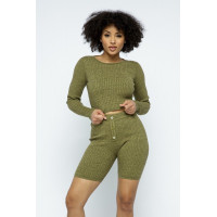 Knit Long Sleeve Cropped Top Knit High-waist Biker Shorts Set