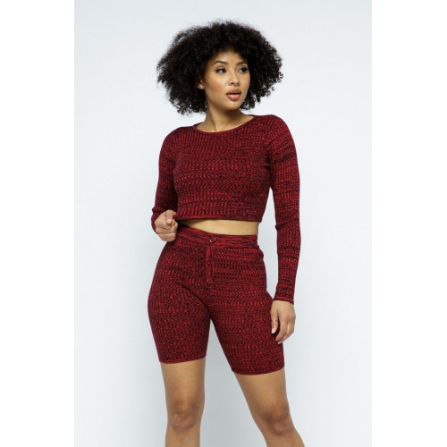Knit Long Sleeve Cropped Top Knit High-waist Biker Shorts Set