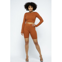 Knit Long Sleeve Cropped Top Knit High-waist Biker Shorts Set
