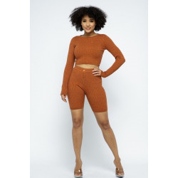Knit Long Sleeve Cropped Top Knit High-waist Biker Shorts Set