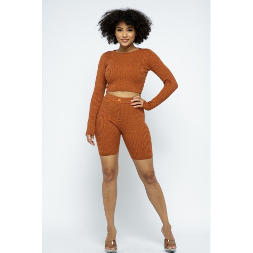 Knit Long Sleeve Cropped Top Knit High-waist Biker Shorts Set