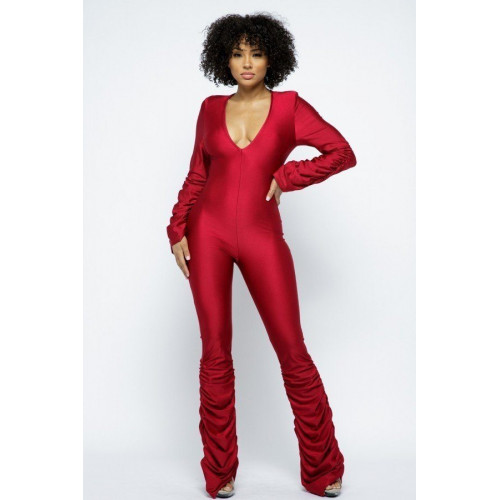 Yoga Shoulder Padded Ruched Stacked Jumpsuit