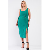 Plus Sleeveless Asymmetrical Shoulder Front Slit Detail Belted Dress