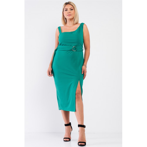 Plus Sleeveless Asymmetrical Shoulder Front Slit Detail Belted Dress