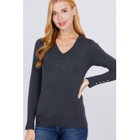 V-neck Sweater W/rivet Button