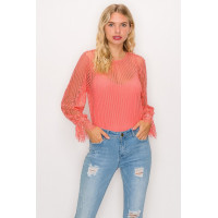 Lace Trim Shadow Stripe Bodysuit