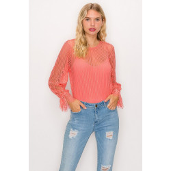 Lace Trim Shadow Stripe Bodysuit
