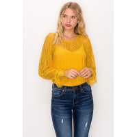 Lace Trim Shadow Stripe Bodysuit