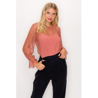 Lace Trim Shadow Stripe Bodysuit
