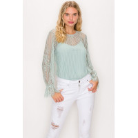 Lace Trim Shadow Stripe Bodysuit