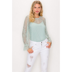 Lace Trim Shadow Stripe Bodysuit