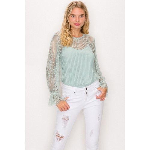 Lace Trim Shadow Stripe Bodysuit