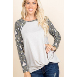 Casual French Terry Side Twist Top With Animal Print Long Sleeves