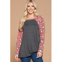 Casual French Terry Side Twist Top With Animal Print Long Sleeves