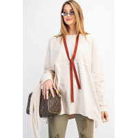 Terry Knit Upside Down Detailing Side Slits Pullover Tunic