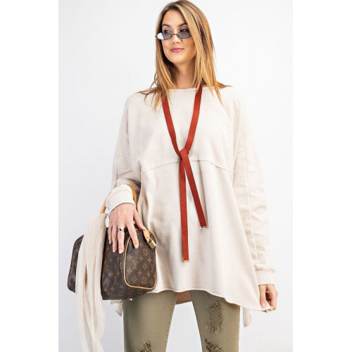 Terry Knit Upside Down Detailing Side Slits Pullover Tunic