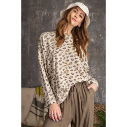 Leopard Printed Garment Dye Loose Fit Knit Top