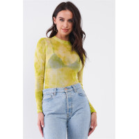 Neon Green Sexy Sheer Mesh Long Sleeve Mock Neck Bodysuit