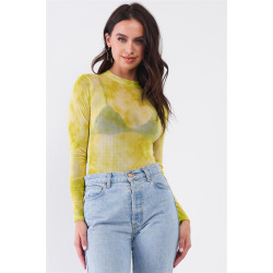 Neon Green Sexy Sheer Mesh Long Sleeve Mock Neck Bodysuit