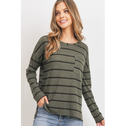 Striped Front Pocket Round Collar