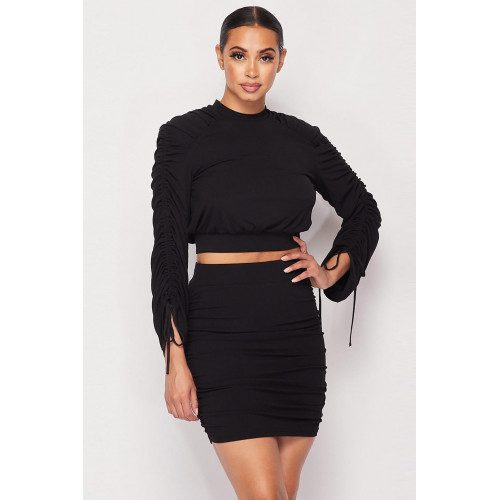 Ruched Long Sleeve And Skirt Set