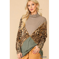 Solid And Animal Print Mixed Knit Turtleneck Top With Long Sleeves
