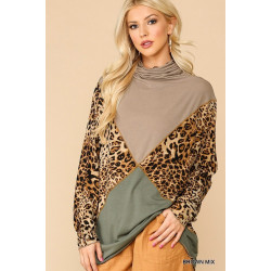 Solid And Animal Print Mixed Knit Turtleneck Top With Long Sleeves
