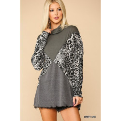 Solid And Animal Print Mixed Knit Turtleneck Top With Long Sleeves