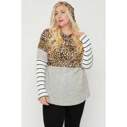 Plus Size Color Block Hoodie Featuring A Cheetah Print