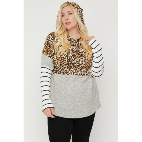Plus Size Color Block Hoodie Featuring A Cheetah Print