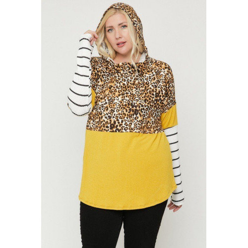 Plus Size Color Block Hoodie Featuring A Cheetah Print