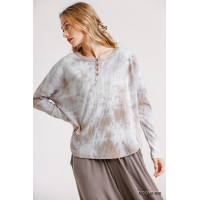 Tie Dye Round Neck Ribbed Button Front Top With Round Hem
