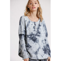 Tie Dye Round Neck Ribbed Button Front Top With Round Hem