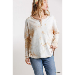 Tie Dye Round Neck Ribbed Button Front Top With Round Hem