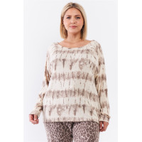Plus Ivory Acid Wash Print Bateau Neck Relaxed Fit Long Sleeve Top