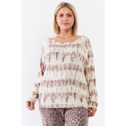 Plus Ivory Acid Wash Print Bateau Neck Relaxed Fit Long Sleeve Top