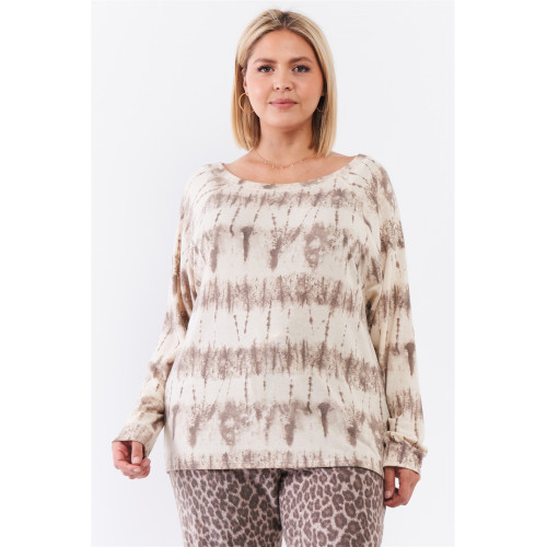 Plus Ivory Acid Wash Print Bateau Neck Relaxed Fit Long Sleeve Top