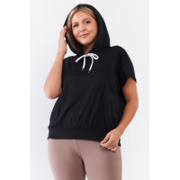 Black Short Wing Sleeve Relaxed Fit White Draw String Tie Hood Detail Top