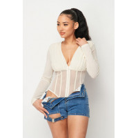 Fishnet Sheer Mesh Back Deep V Neck Bodysuit
