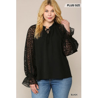 Zebra Burnout Sleeve Ruffled Neck Bubble Crepe Blouse