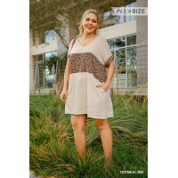 Linen Blend Short Folded Sleeve Animal Print Colorblocked V-neck Dress With Pockets