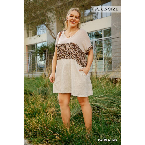 Linen Blend Short Folded Sleeve Animal Print Colorblocked V-neck Dress With Pockets