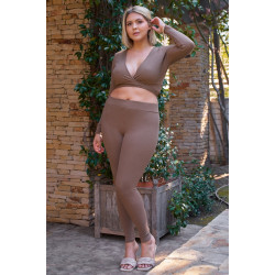 Plus Mocha Plunge Neck Long Sleeve Self-tie Back Or Front Waist Top & High-waisted Skinny Pants Set