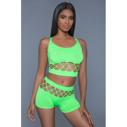 2 pc silk fishnet set that includes a tank crop top with criss-cross cami straps and a pair of high waisted booty shorts.